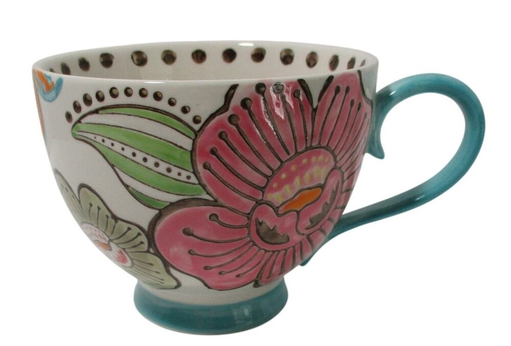 Dutch Wax Ceramic Footed White, Orange & Pink Floral Coffee / Tea Mug 14OZ